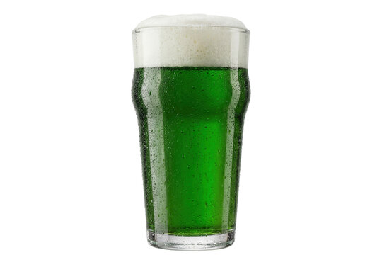 cold pint glass of green beer with white foam and condensation isolated cutout