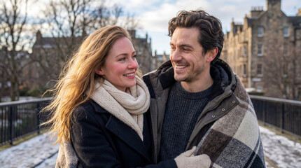 Fototapeta premium Young couple smiling and embracing under blanket on winter day 