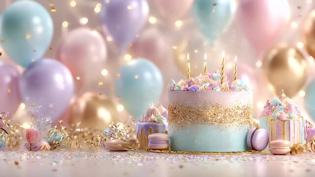 Birthday celebration theme for party event. A pastelcolored birthday cake adorned with candles and macarons, surrounded by colorful balloons and confetti, creating a festive atmosphere.