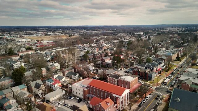 Aerial view of downtown West Chester, Pennsylvania historic district buildings and streets