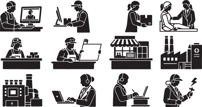 Professions Silhouette Icons Set Black White Isolated