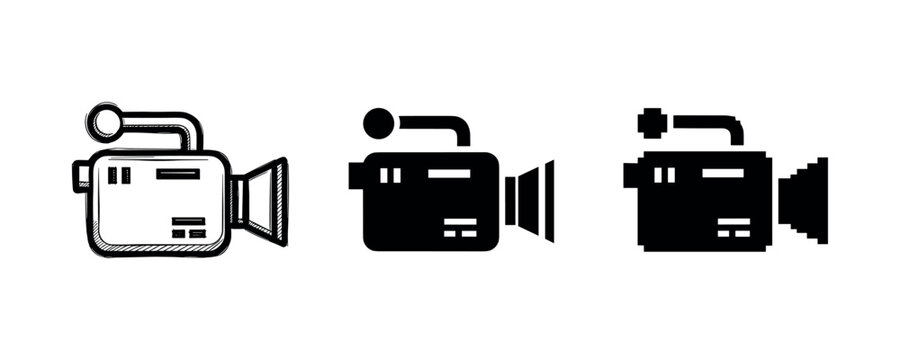 Three styles of vintage video camera icons: outline, solid, pixel