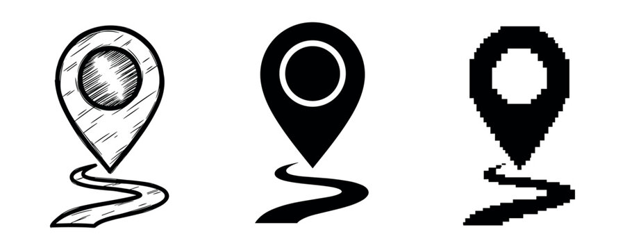 Sketch, solid, and pixel art map location pins on pathways
