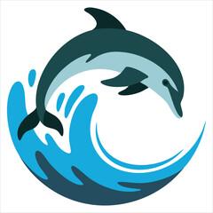 Naklejka premium Stylized Flat Illustration of a Grey Dolphin Leaping Out of Blue Water Splashes