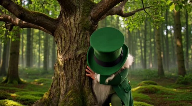 Bearded Leprechaun Character Hugging Tree in Enchanted Forest for Holiday Promotion and Fantasy Brand Identity, St. Patrick's Day