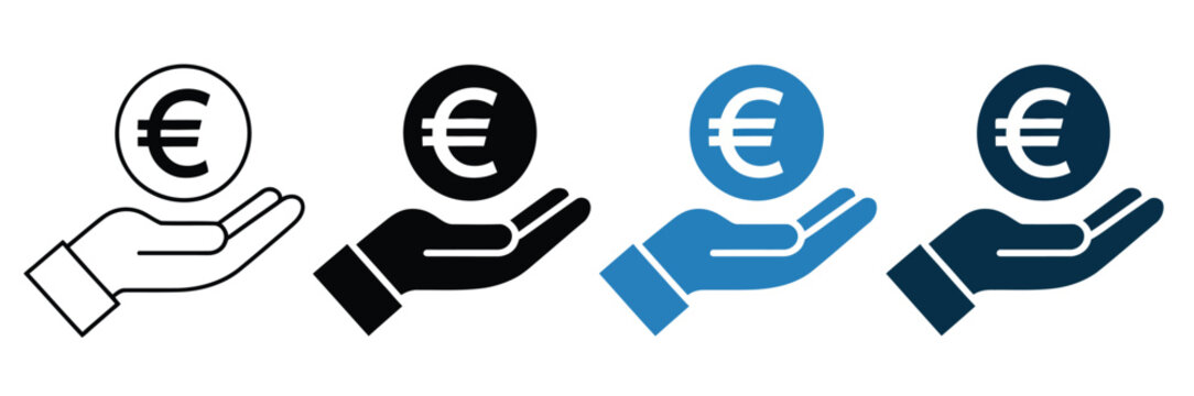 Finance and currency icon, hand holding euro coin, vector symbol for investing, money exchange, European currency, banking services, and financial technology applications.
