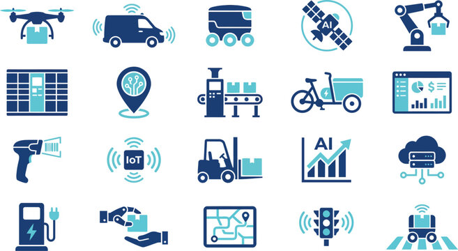 Digital logistics and smart technology icons showcasing future automation, delivery, and artificial intelligence solutions.