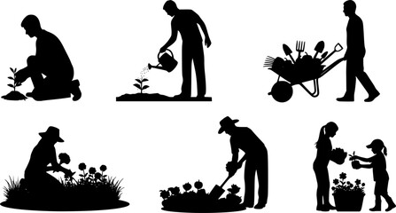 Gardening Silhouettes Vector Set Showing People Planting on white background