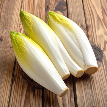 Three endives rest on a rustic wooden table, displaying their pale, elongated leaves and gentle curves