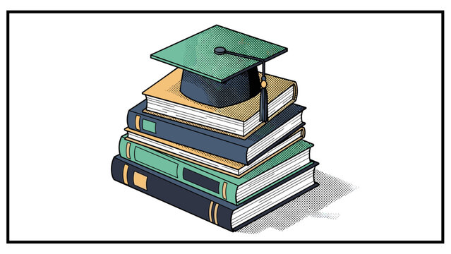 Graduation cap on books in vintage pop art style