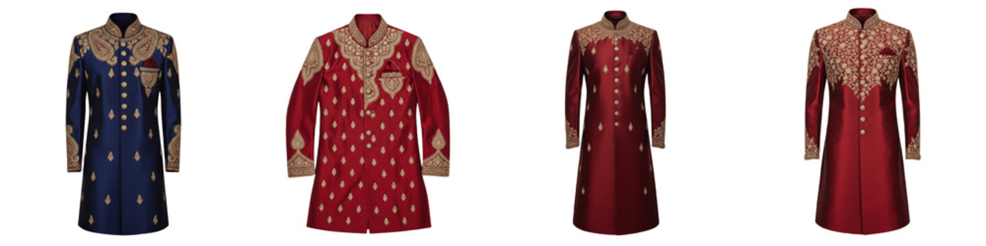 Luxury South Asian Sherwani and Achkan Collection, Men's Designer Wedding and Groom's Wear, Ornate Embroidered Ethnic Apparel, Isolated on White Background PNG