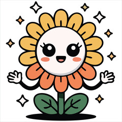 Naklejka premium Cute Sunflower Retro Sticker Design with Happy Face for Summer Vibes