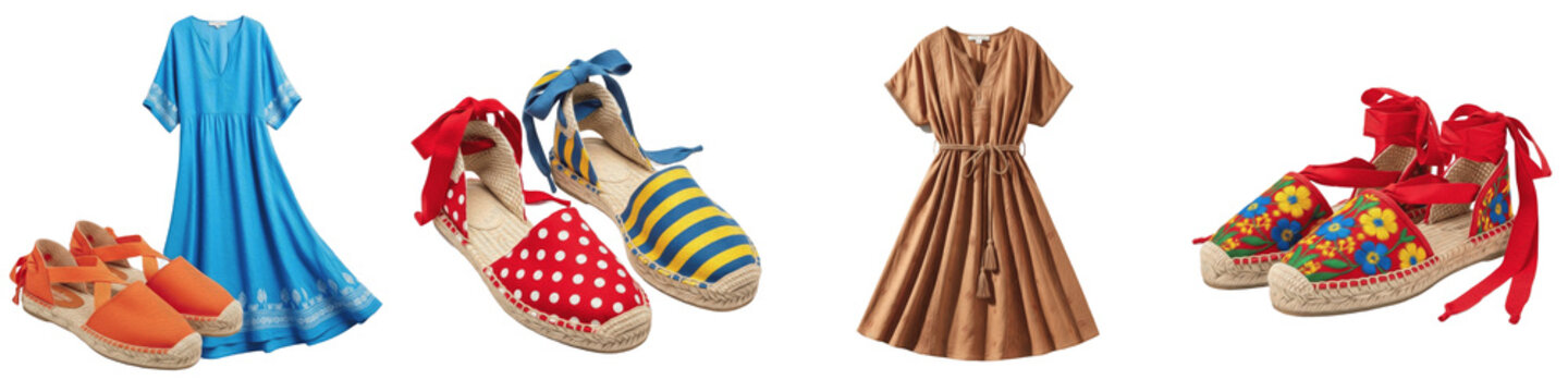 Traditional Spanish Espadrilles and Mediterranean Summer Fashion, Handcrafted Rope Sole Sandals with Vibrant Ribbon Ties, Isolated on White Background PNG