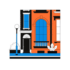 A colorful illustration of a building with a blue window