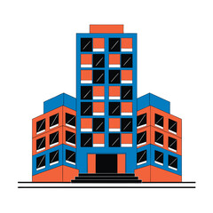 A tall building with orange and blue panels