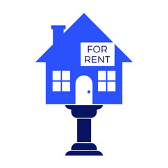 A blue house with a for rent sign on it