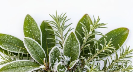 Obraz premium Frozen greenery: frost-kissed rosemary and bay leaves on white background