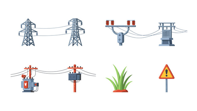 Detailed electrical transmission structures and safety sign in flat style