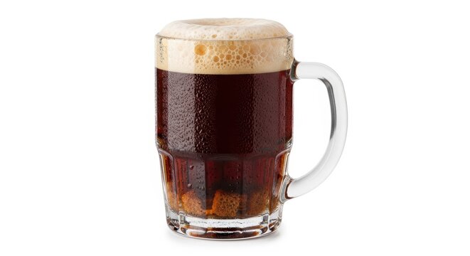 Refreshing dark root beer in glass mug with thick foam on white background
