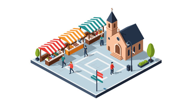 Isometric marketplace with vendors and church in a small town square