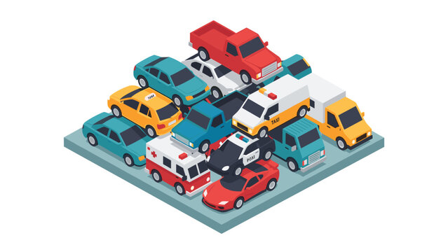 Isometric traffic jam featuring diverse vehicles on city road