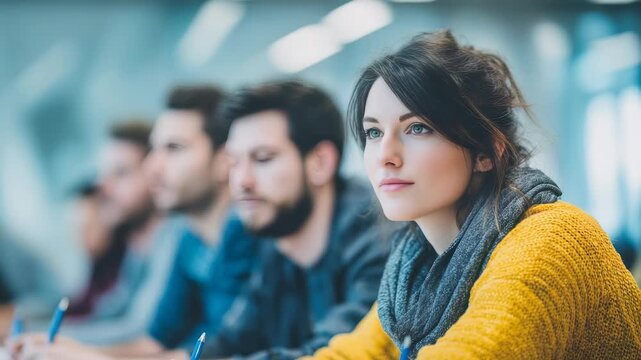 A group of students participates in an engaging seminar, with a young woman in the foreground showing keen interest. The contemporary classroom setting promotes focus and academic growth