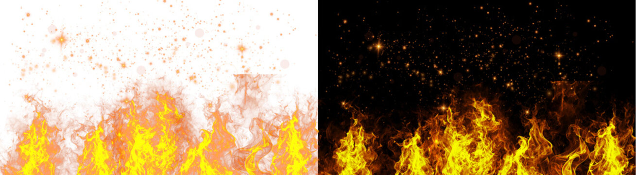 PNG image of&nbsp;Intense bright yellow and orange fire elements with rising embers and sparkling particles on transparent background