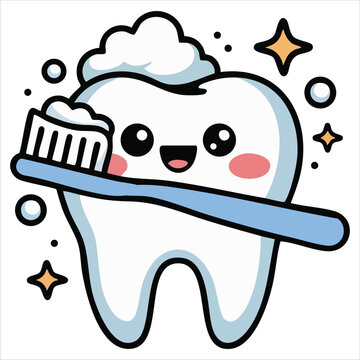 Cartoon teeth with toothpaste on blue background for dental hygiene and oral care illustration concepts