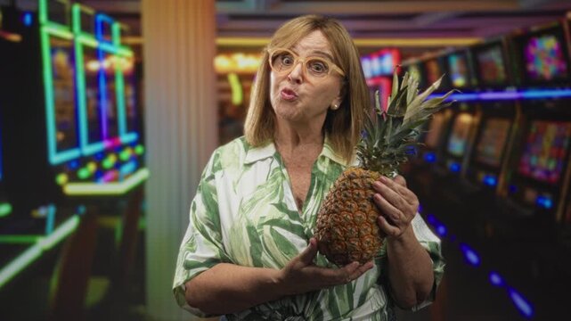 Middleaged woman puckering lips and holding pineapple with hands in building casino slotmachine room; playful tropical contrast.