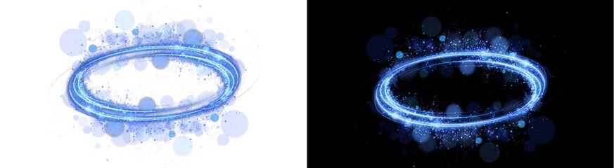 PNG image of Brilliant neon blue light streaks form an elliptical orbit surrounded by dynamic glowing particles on transparent background © MariaAlam