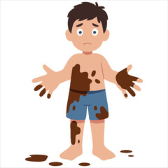 Untidy dirty boy in mud flat vector for bad child behavior and messy toddler concepts © azzedine