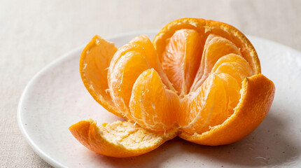 A mandarin orange peeled open with bright, juicy segments visible
