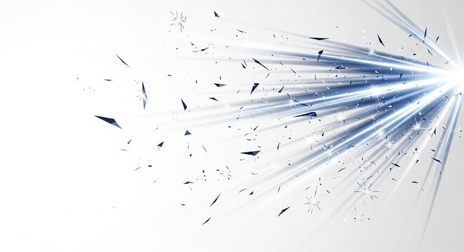 Vibrant light rays exploding in dynamic white background with shattering glass