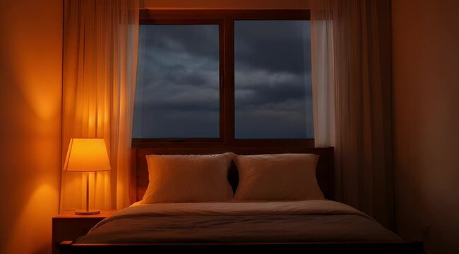 Cozy bedroom with warm lamp and ominous stormy weather outside the window