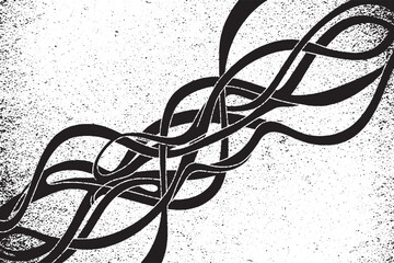 Monochrome Abstract Intertwined Ribbon Pattern with Distressed Grunge Texture