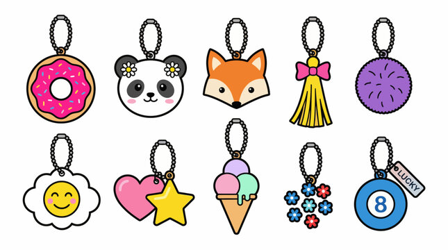 Set of cute enamel charms and pendants for bracelets and keychains, featuring a donut, panda, fox, tassel, beads, smiley, heart with star, floral charms, and a blue 8 charm.