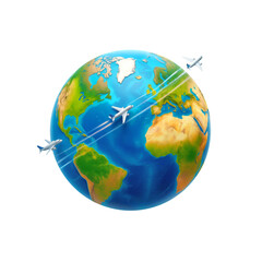Naklejka premium Three airplanes flying around Earth with contrails — global air travel, connectivity and international transport concept, isolated on white