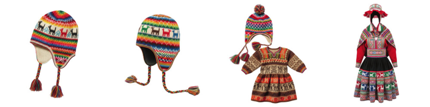 Traditional Peruvian Chullo Hats and Andean Ethnic Apparel Isolated on White, Colorful Alpaca Wool Knitwear, Indigenous South American Folk Fashion Textiles PNG