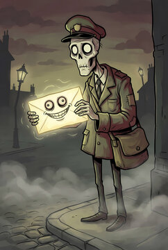 Surreal Skeleton Postman Holding Glowing Smiling Letter in Foggy Vintage Town &ndash; Whimsical Dark Fantasy Cartoon Illustration