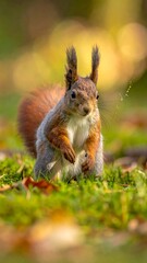 Squirrel stands alert on green grass, autumn leaves, bright bokeh background