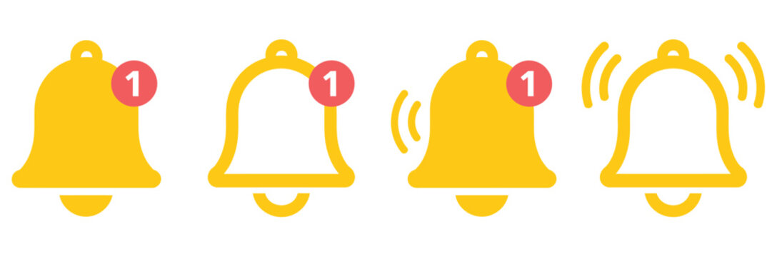 Notification bells icon, ringing bell with new alert, vector symbol for alarm clocks, smartphone app notifications, incoming messages, push alerts, and user interface design projects.
