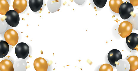 Beautiful black white and gold 3d balloons with confetti for invitation cards, celebration banner. Falling gold confetti Gift frame with balloon design © lightgirl