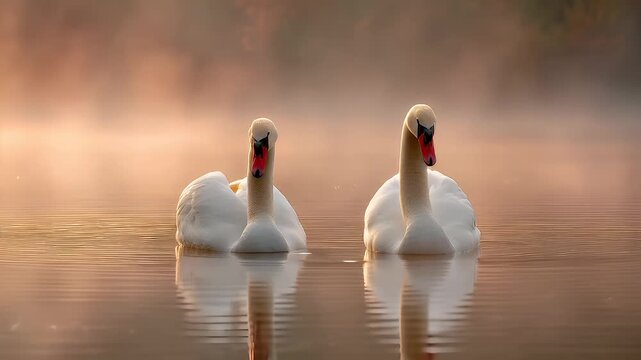 Romantic love theme for Valentines Day. Two white swans gracefully forming a heart shape on a tranquil lake, their reflections shimmering on the waters surface. The background is blurred.