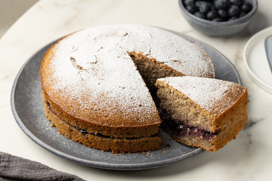 Gluten free cake, Buckwheat gateau or Buckwheat torte is a dessert, filled with berry blueberry jam. Homemade bakery.