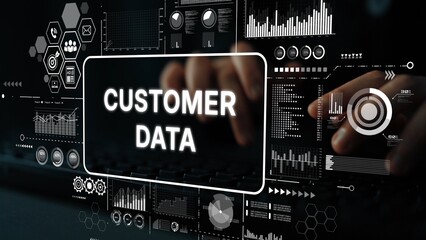 Hands Typing on Keyboard with Overlay of Customer Data Visualizations and Analytics Dashboard...