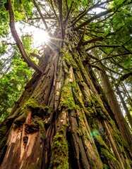 Obraz premium Towering tree with sunlight filtering through its branches, observed from a low angle in a lush forest setting