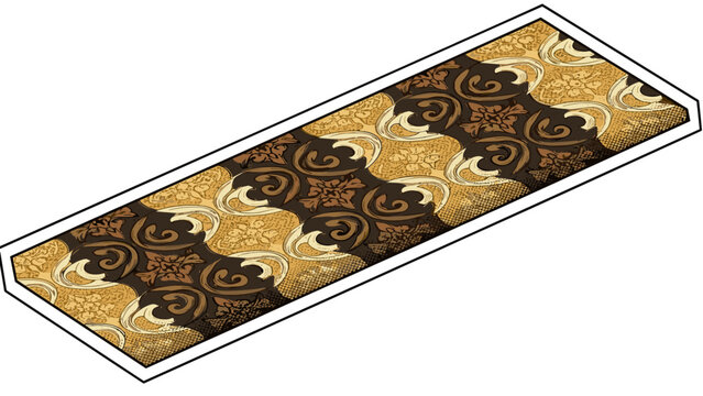 Ornate geometric pattern in brown and yellow tones on rectangular rug design