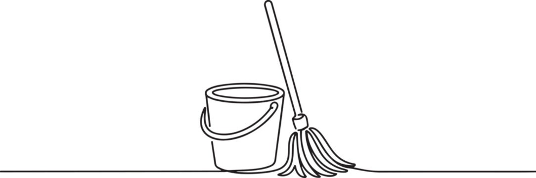 Continuous one line drawing of mop and bucket. Cleaning concept. one line art icon drawing vector