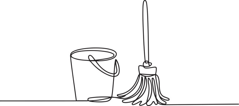 Continuous one line drawing of mop and bucket. Cleaning concept. one line art icon drawing vector