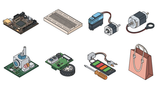Isometric electronics and robotics components set for diy projects